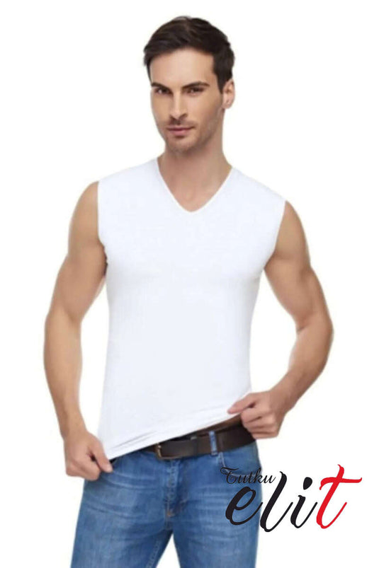 Tutku Elit Elastane V Neck Zero Sleeve Undershirt White