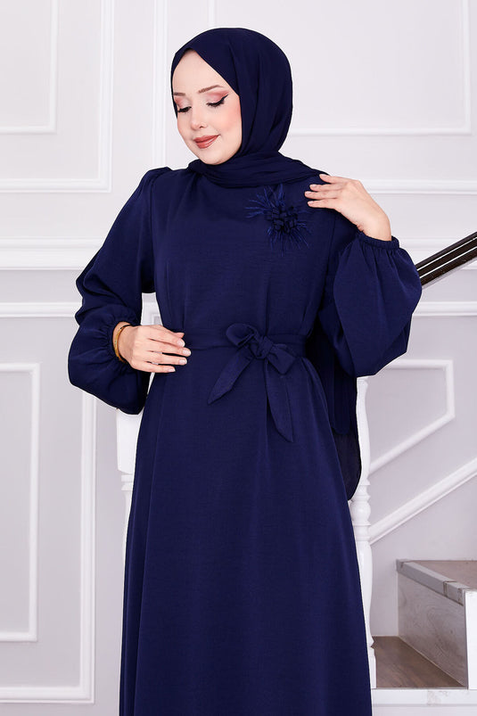 Feather Brooch Detailed Hijab Dress Navy Blue