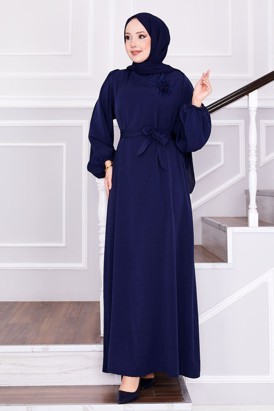 Feather Brooch Detailed Hijab Dress Navy Blue