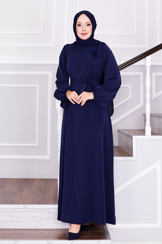 Feather Brooch Detailed Hijab Dress Navy Blue