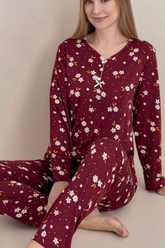 Three-Button Floral Pajama Set in Burgundy