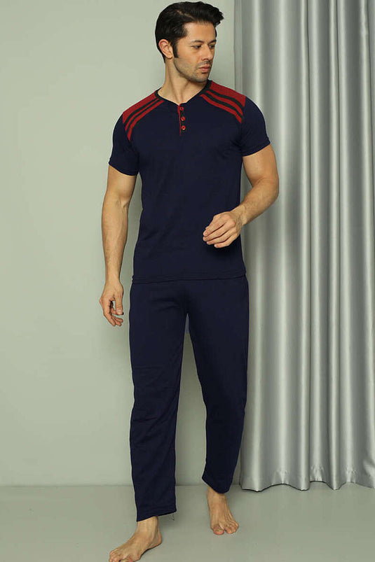 Üç Düğmeli Ekose Detaylı Kısa Kol Erkek Pijama Takımı Lacivert Bordo