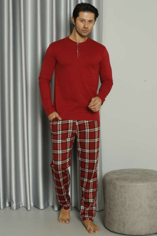 Ensemble de pyjama pour homme à trois boutons et motif écossais bordeaux