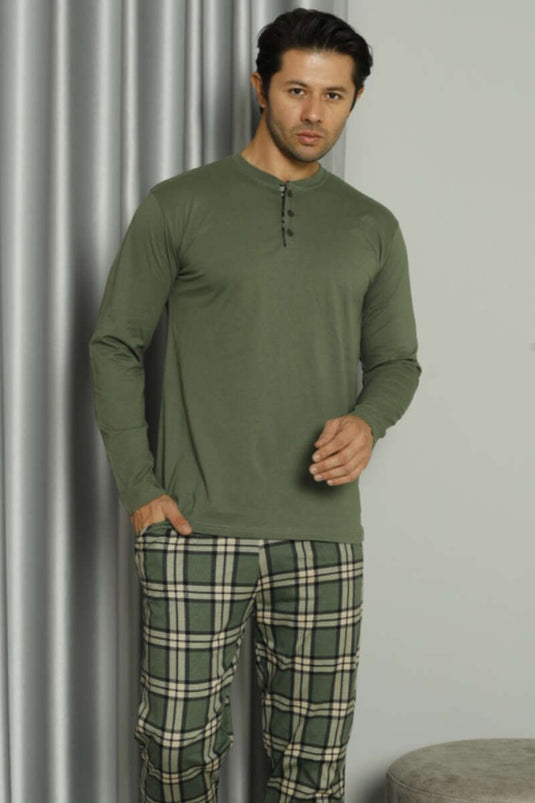 Ensemble de pyjama pour homme à trois boutons et motif écossais kaki