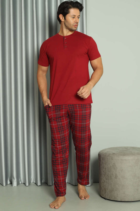 Ensemble pyjama homme bordeaux à carreaux, manches courtes et trois boutons
