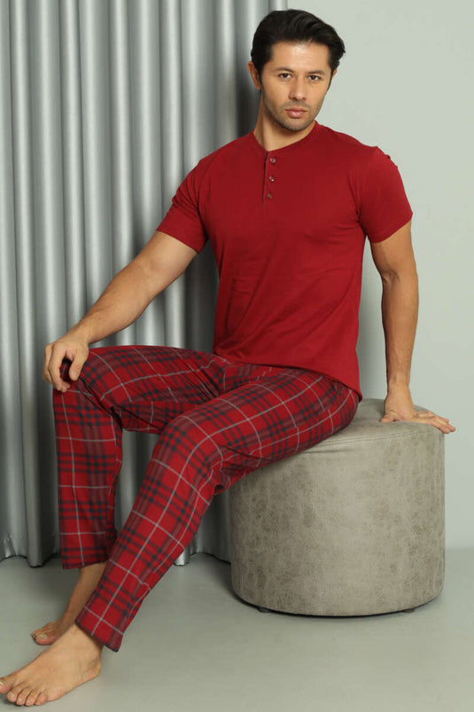 Ensemble pyjama homme bordeaux à carreaux, manches courtes et trois boutons