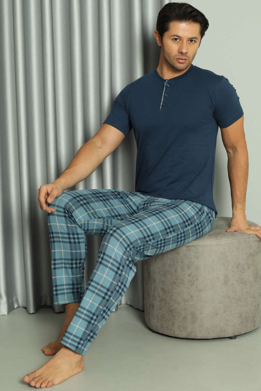 Ensemble pyjama homme à carreaux indigo, manches courtes, trois boutons