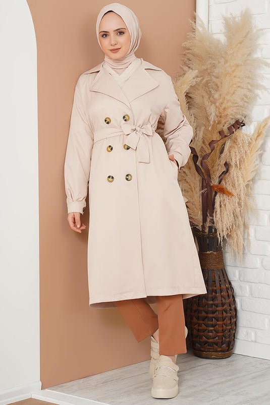 Beige Double-Breasted Wrap Coat With Three Buttons
