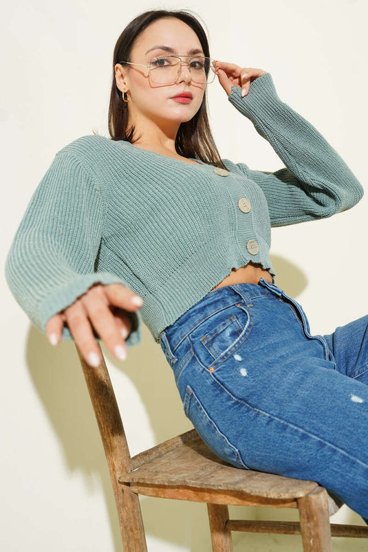 Three-Button Knitted Short Cardigan Hazel Green