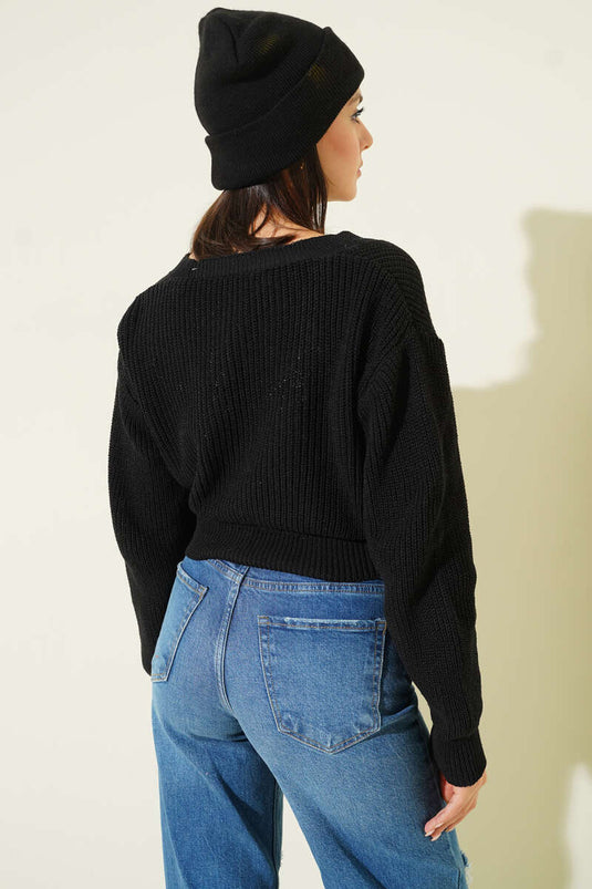 Drieknops Gebreid Kort Vest Zwart