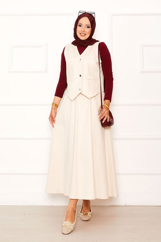 Three-Button Vest and Skirt Two-Piece Suit Cream