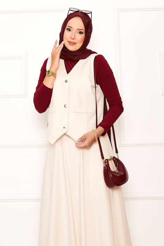 Three-Button Vest and Skirt Two-Piece Suit Cream
