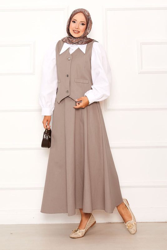 Three-Button Vest and Skirt Two-Piece Suit Mink