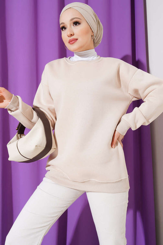 Üç İplik Basic Sweatshirt Bej