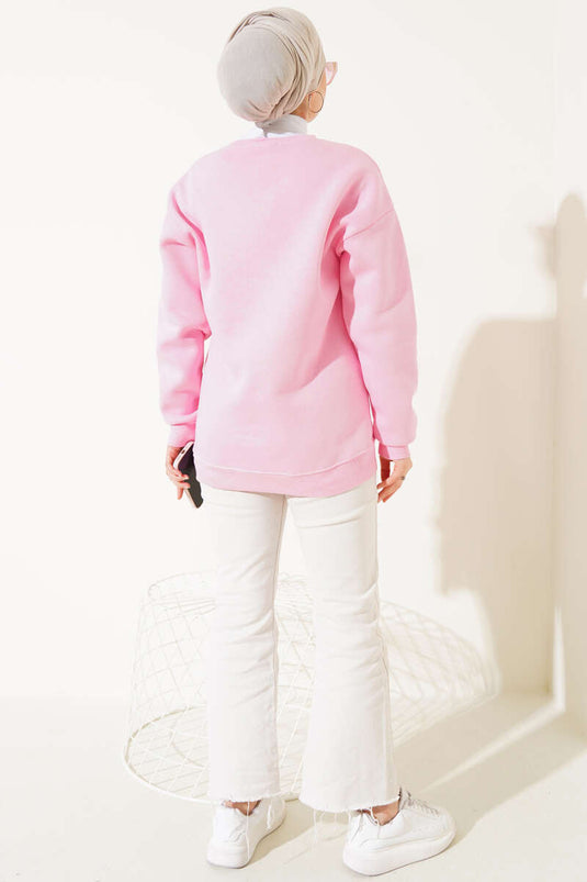 Üç İplik Basic Sweatshirt Pembe