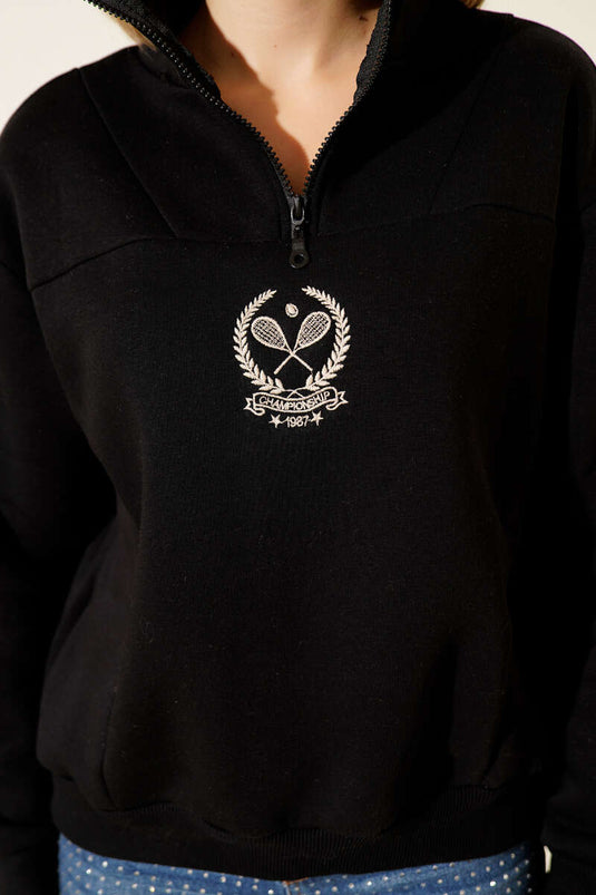 Sweatshirt met opstaande kraag en drievoudige draad, zwart