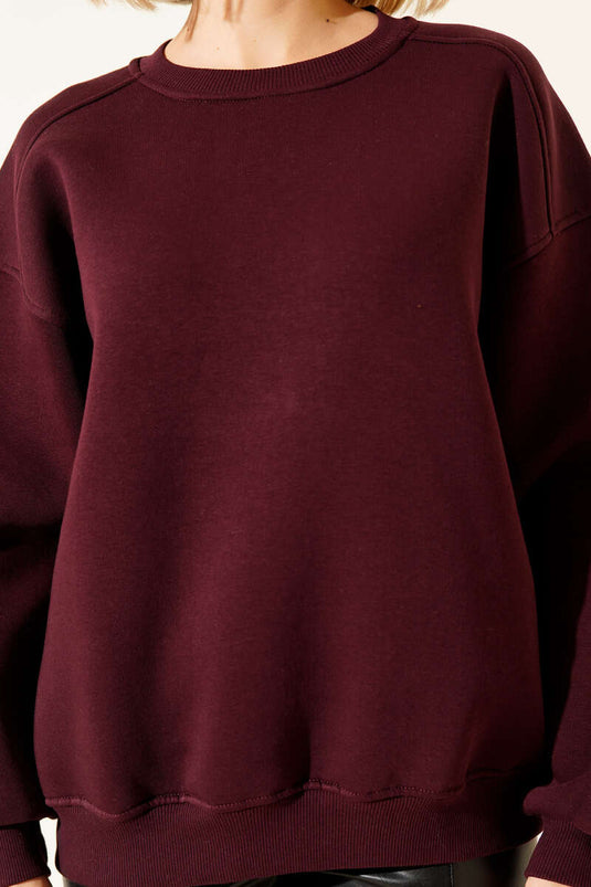 Üç İplik Düşük Kol Basic Sweatshirt Mürdüm