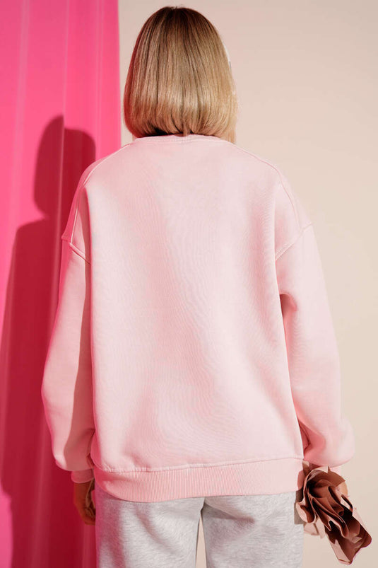 سويت شيرت أساسي وردي اللون بأكمام منسدلة بثلاثة خيوط