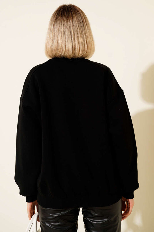 سويت شيرت أسود أساسي بأكمام منسدلة بثلاثة خيوط