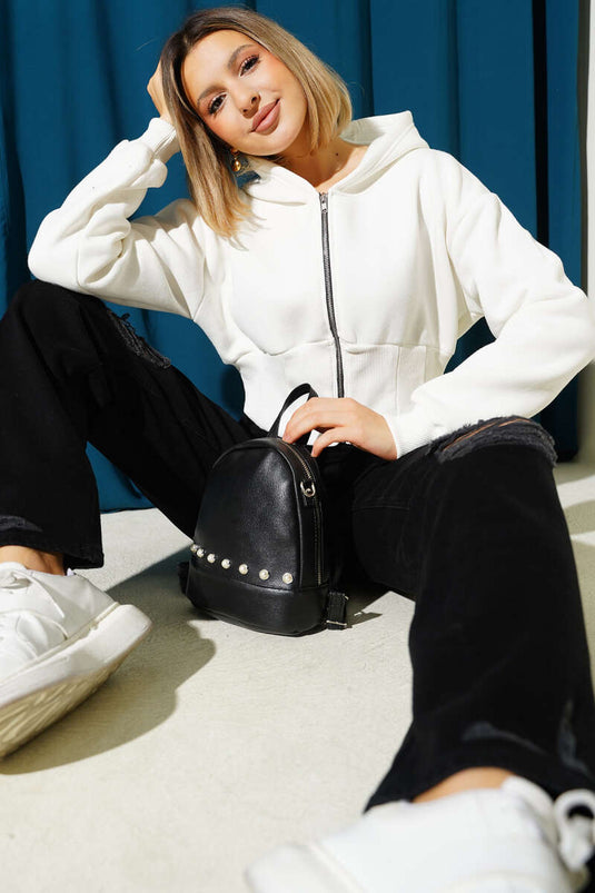 كارديجان قصير بغطاء رأس بثلاثة خيوط، لون بيج فاتح