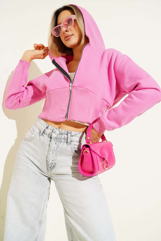 Three-Thread Hooded Crop Cardigan Fuchsia