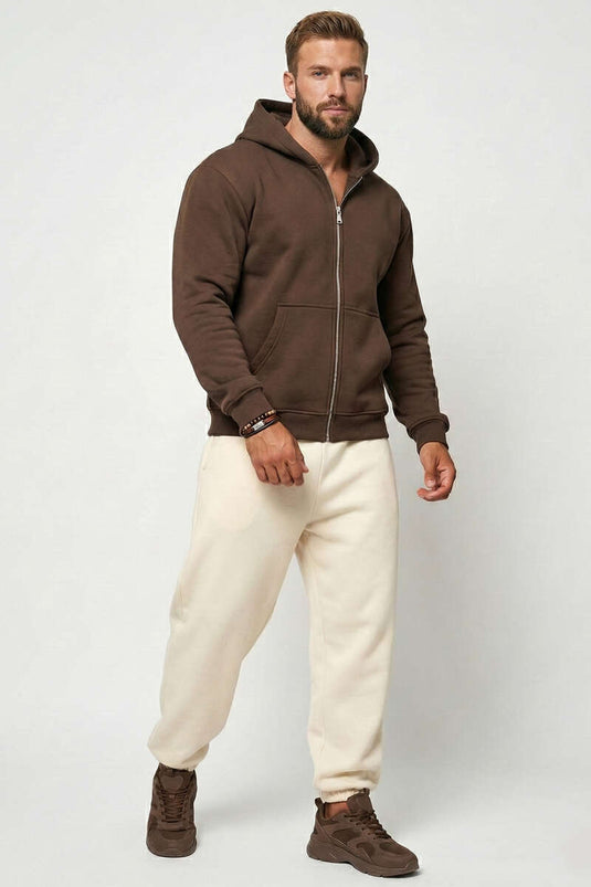 Cardigan zippé à capuche pour homme en tricot trois fils, couleur café