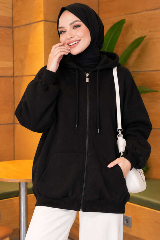 Cardigan Con Cappuccio E Cerniera Nero