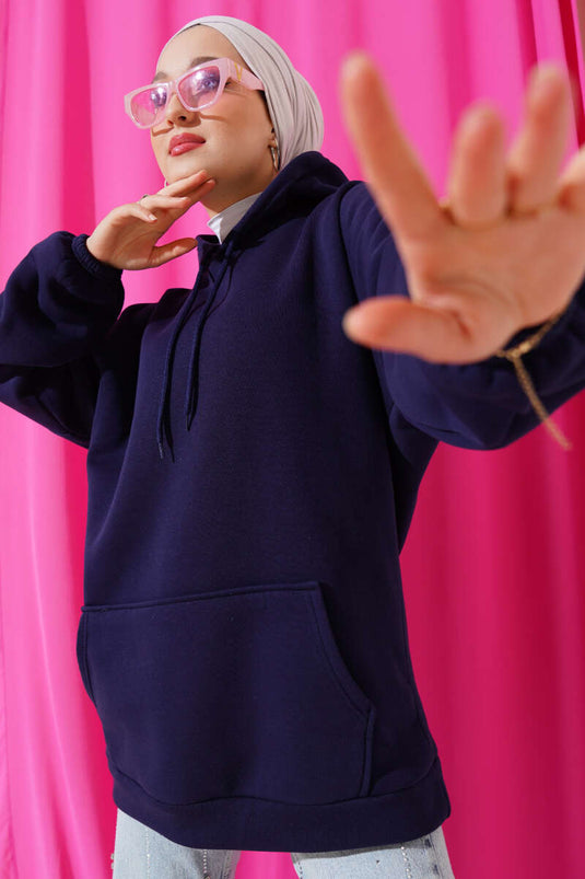 Tunica oversize con cappuccio a tre fili blu scuro