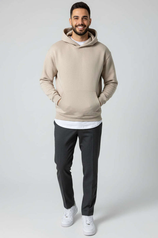 سويت شيرت بغطاء رأس للجنسين بخيط ثلاثي بلون بيج