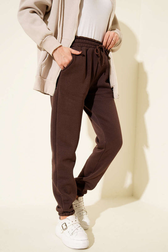 Three-Thread Elasticated Jogger Pants, Brown