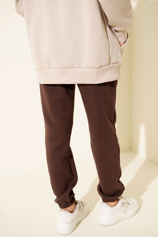 Three-Thread Elasticated Jogger Pants, Brown