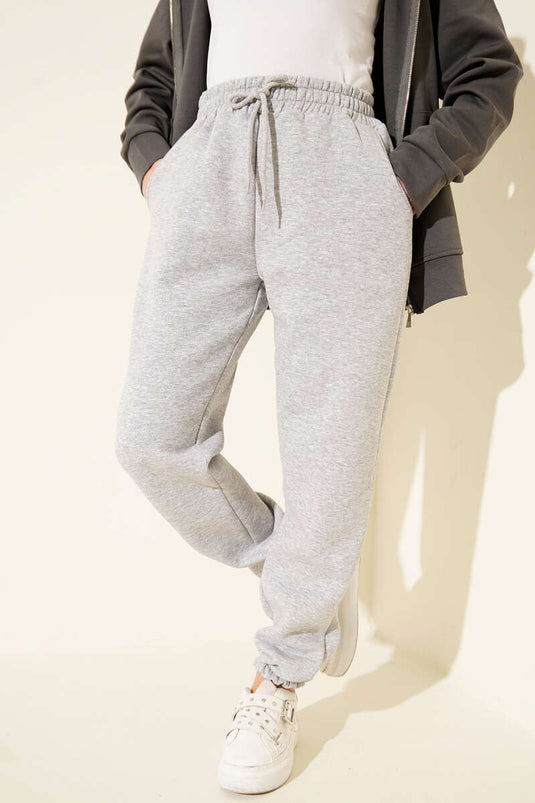 بنطال رياضي مطاطي بثلاثة خيوط، لون رمادي فاتح