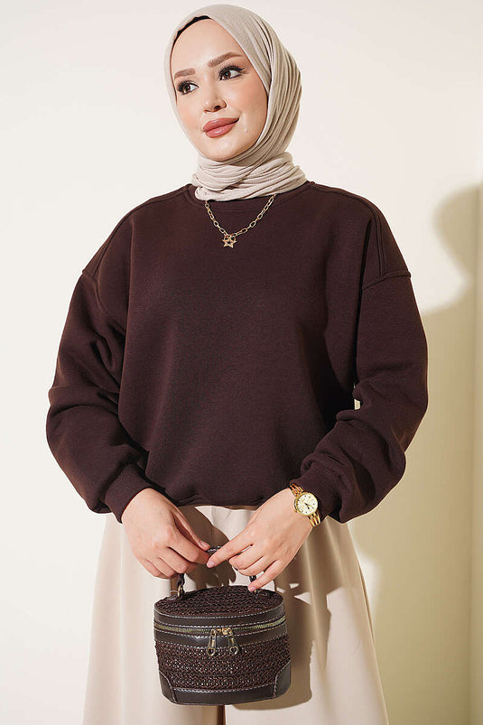 Üç İplik Şardonlu Sweatshirt Kahve