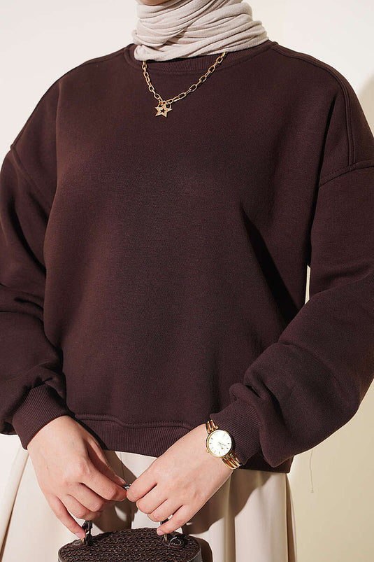 Üç İplik Şardonlu Sweatshirt Kahve