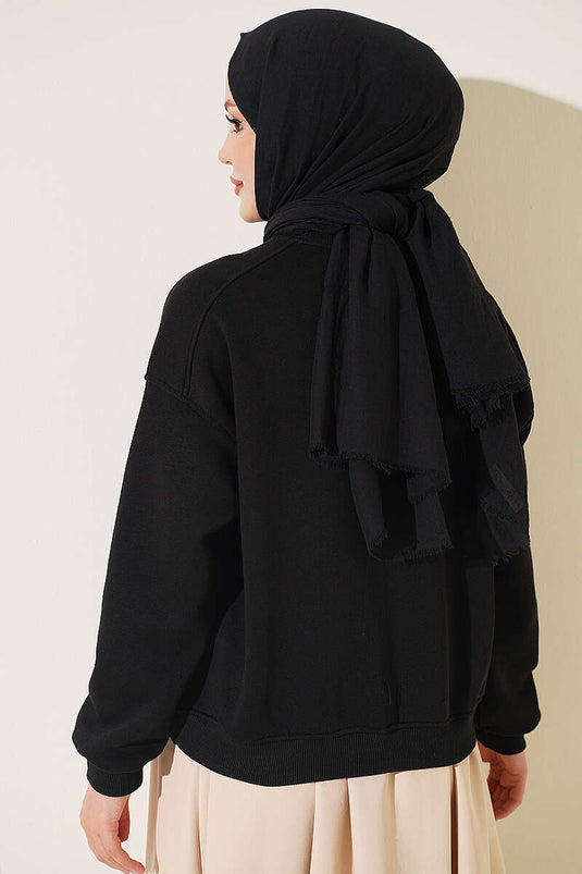 Üç İplik Şardonlu Sweatshirt Siyah