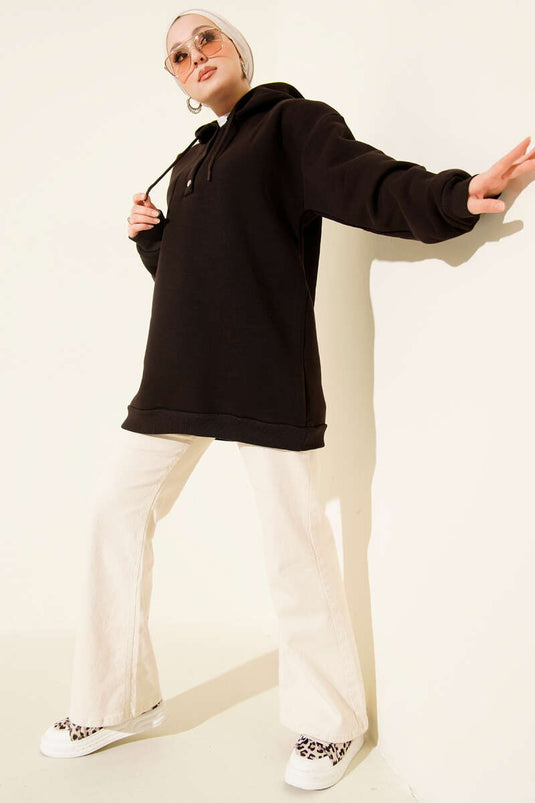 Sweat-shirt à trois fils et demi-boutons-pression marron foncé