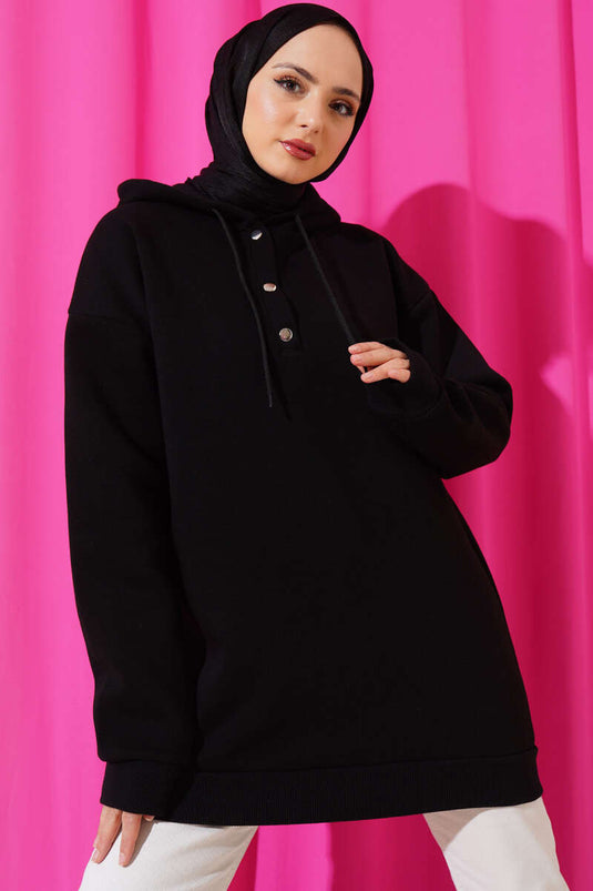 Üç İplik Yarım Çıtçıtlı Sweatshirt Siyah