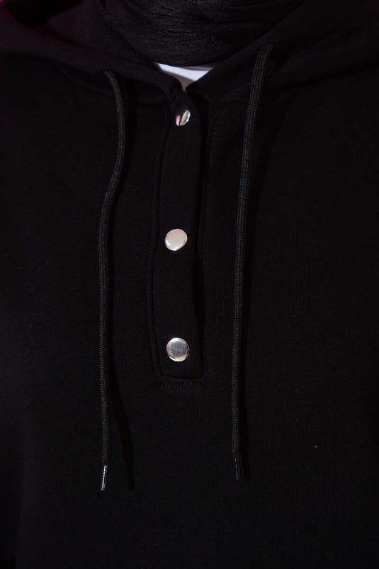 Üç İplik Yarım Çıtçıtlı Sweatshirt Siyah