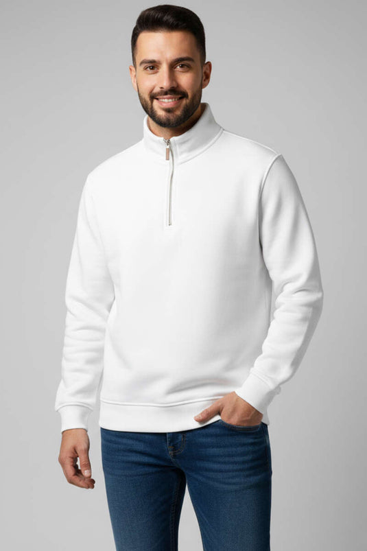 سويت شيرت رجالي بأكمام ثلاثة وخط نصف سحاب أبيض