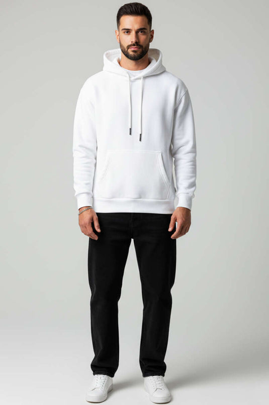 سويت شيرت رجالي أبيض بغطاء رأس وثلاثة خيوط