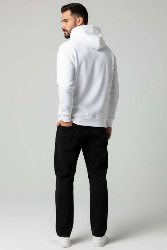 سويت شيرت رجالي أبيض بغطاء رأس وثلاثة خيوط