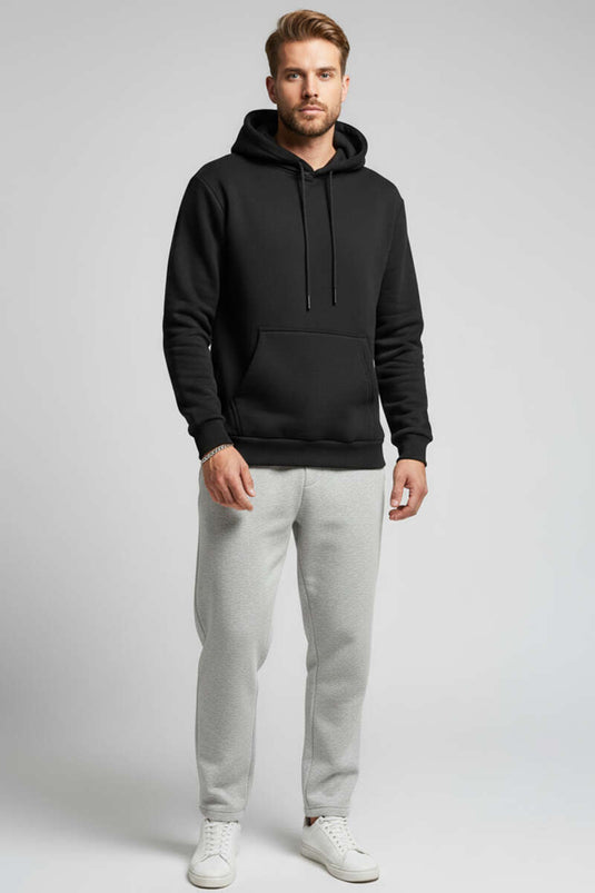 سويت شيرت رجالي أسود بغطاء رأس وثلاثة خيوط