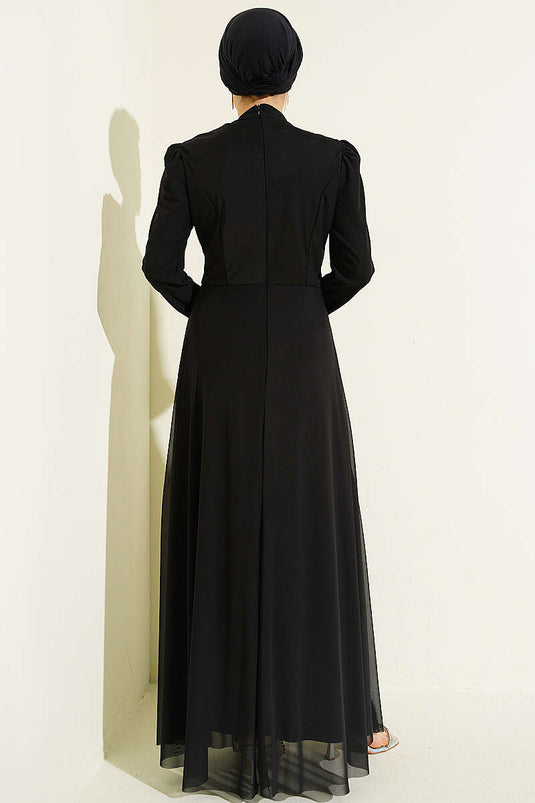 Dreieckiger Steinbesetzter Drapierter Tüll-Abendkleid Schwarz