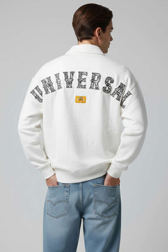 Universal Nakışlı Fermuarlı Erkek Sweatshirt Ekru