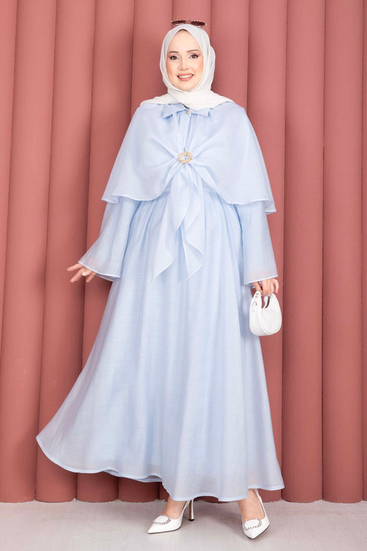 Three-Piece Modest Fashion Set with Allerli Brooch Detail, Baby Blue