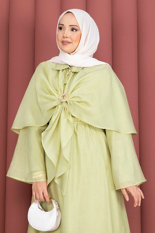Ensemble Modeste Trois Pièces avec Broche à Détails à Pois Vert Olive
