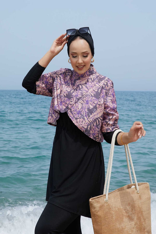 Allerli Patterned Modest Swimsuit Purple