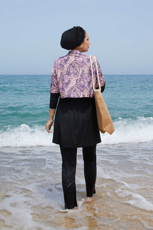 Allerli Patterned Modest Swimsuit Purple