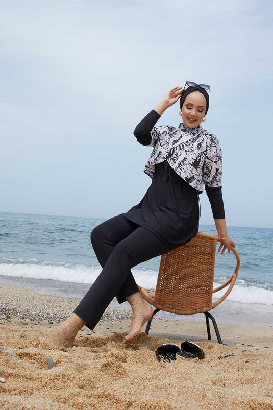 Allerli Patterned Hijab Swimsuit Black