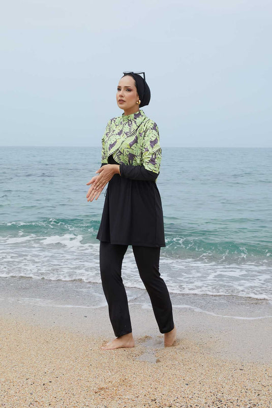 Allerli Patterned Modest Swimsuit Oil Green